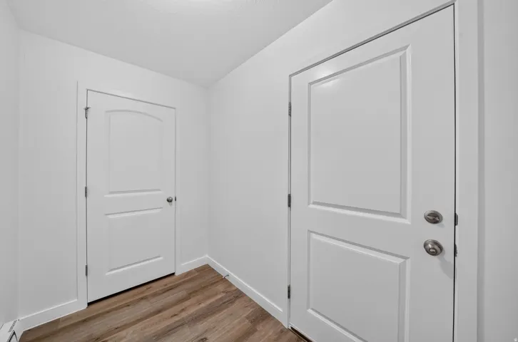 White interior doors with paneling, wood-finish flooring, and white baseboards