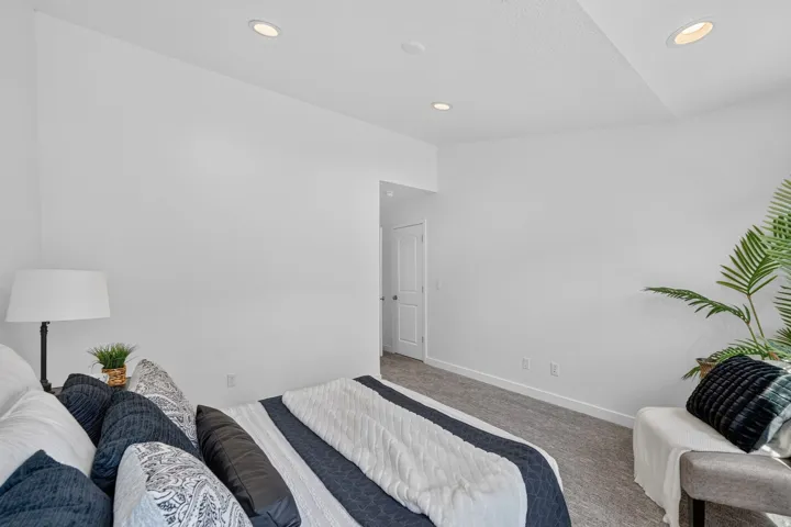 Neutral-toned bedroom with recessed lighting, light-colored walls, and gray carpeting