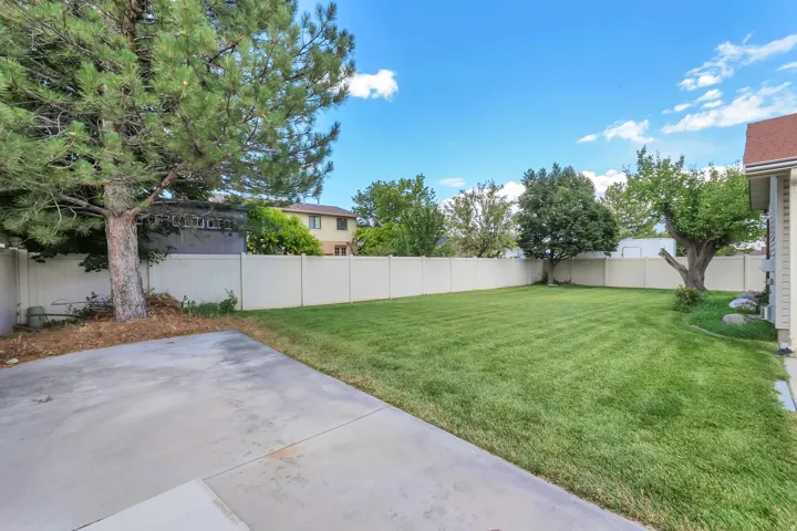 Expansive backyard featuring a manicured lawn, established trees, and a full perimeter privacy fence