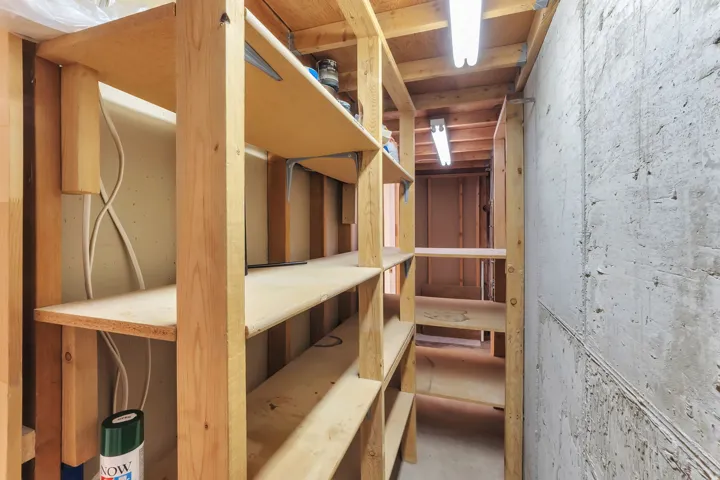 Functional storage area featuring built-in wooden shelving, concrete wall, plywood ceiling, and fluorescent lighting