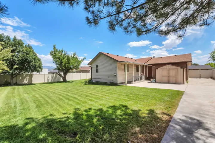 Expansive green lawn with mature trees, bordered by a privacy fence