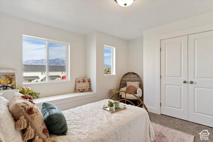 Bright room featuring a prominent window bench, two windows showcasing mountain scenery, a double-door closet, and neutral-toned carpeting
