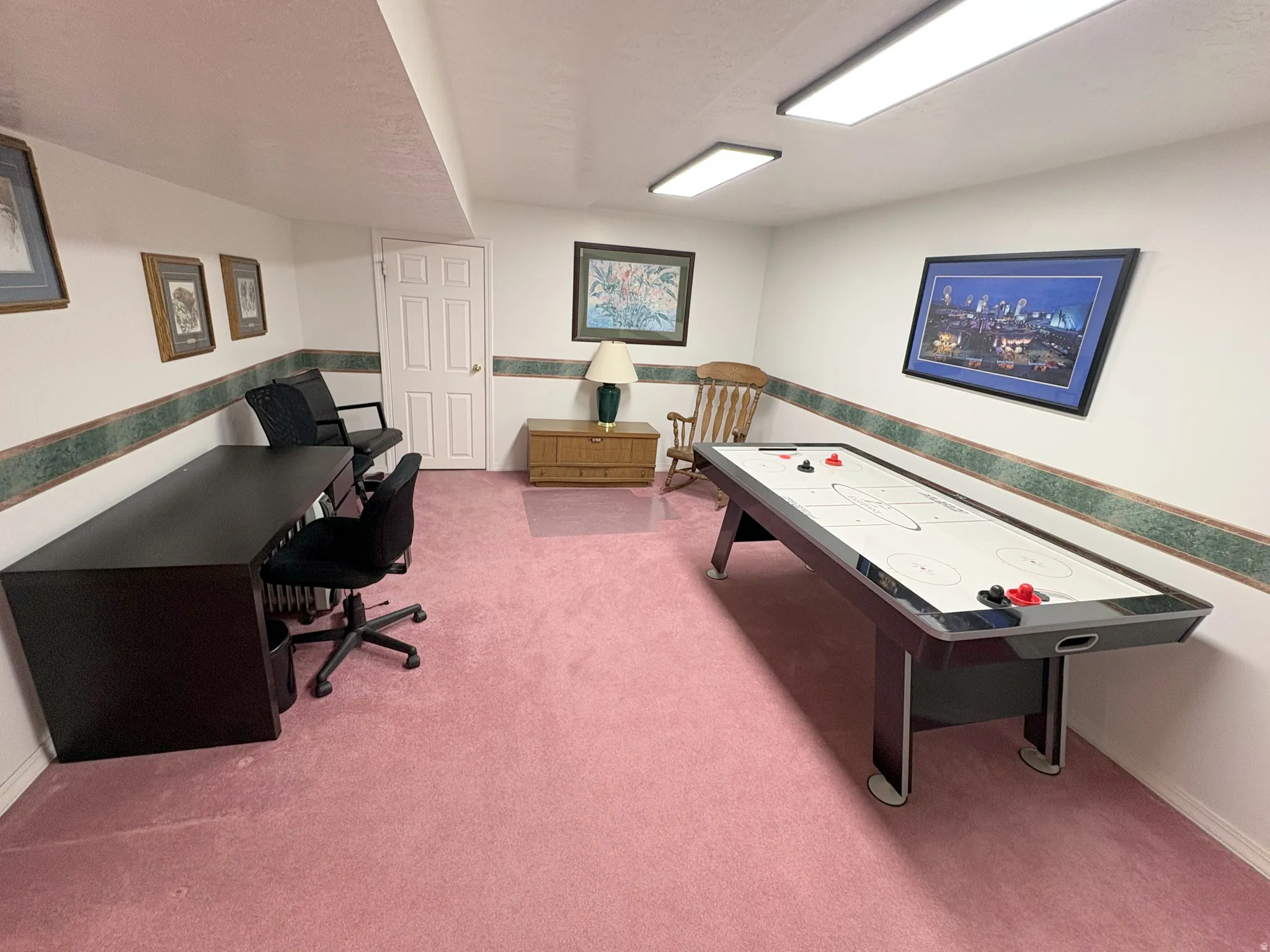 Spacious room featuring flush-mounted ceiling lights, white walls with a decorative border, and pink carpeting