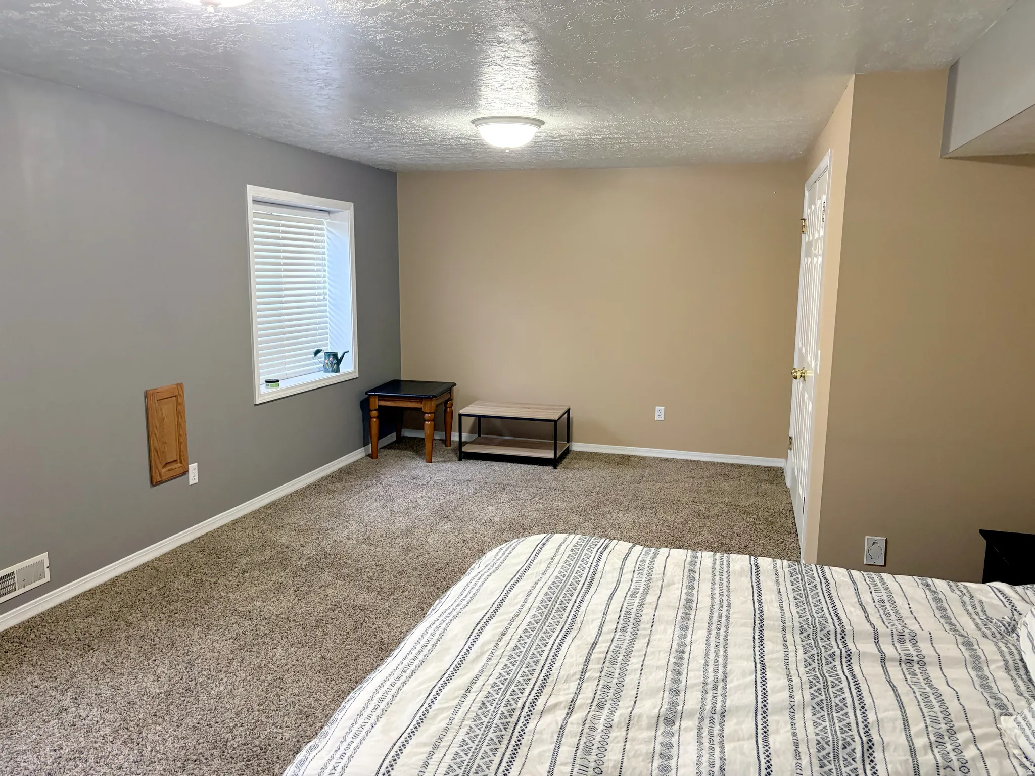 Carpeted room featuring a window with blinds, a white door with brass hardware, and a ceiling-mounted light fixture