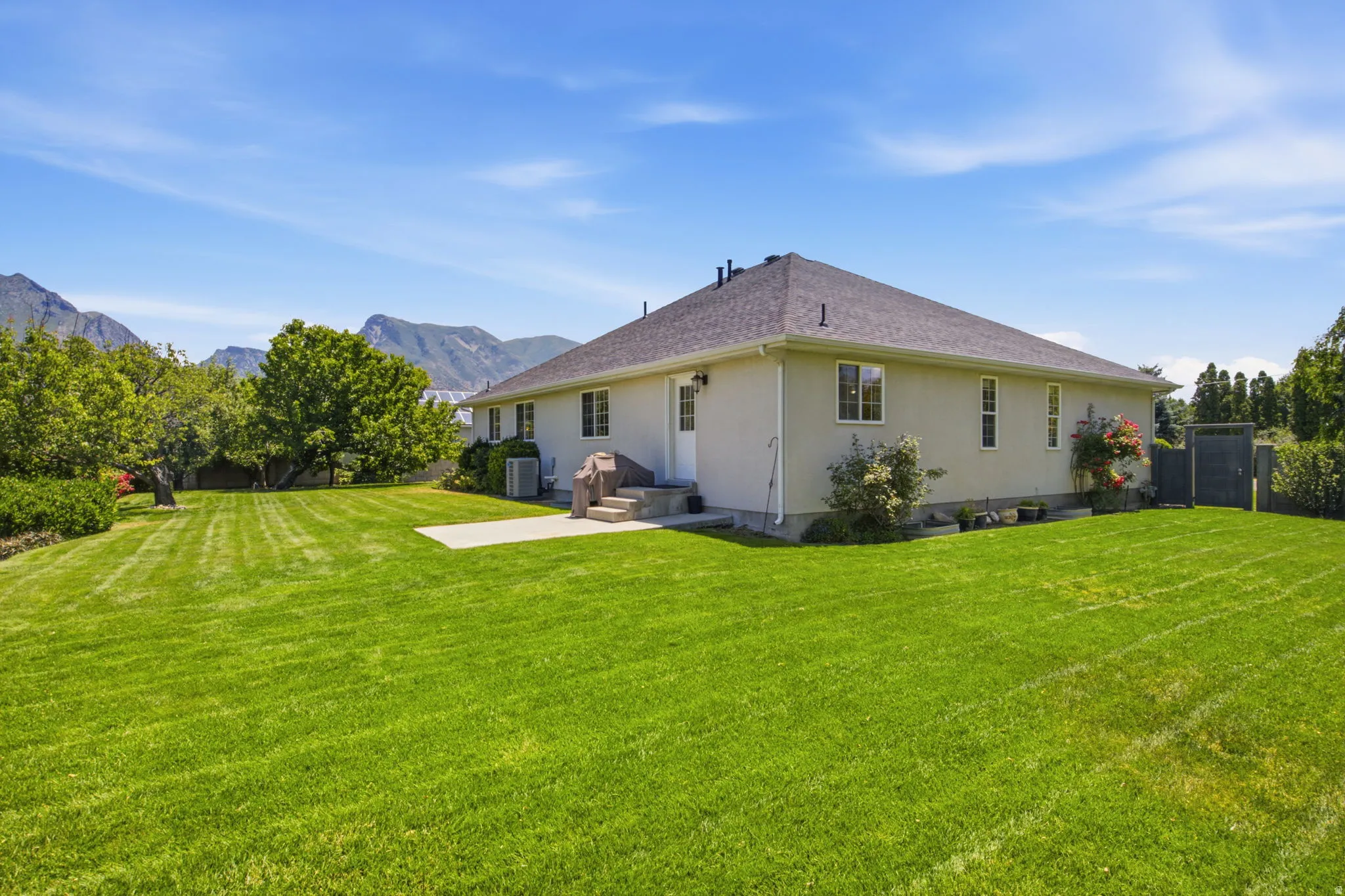 Expansive backyard featuring a large green lawn, mature trees, a concrete patio, and mountain scenery