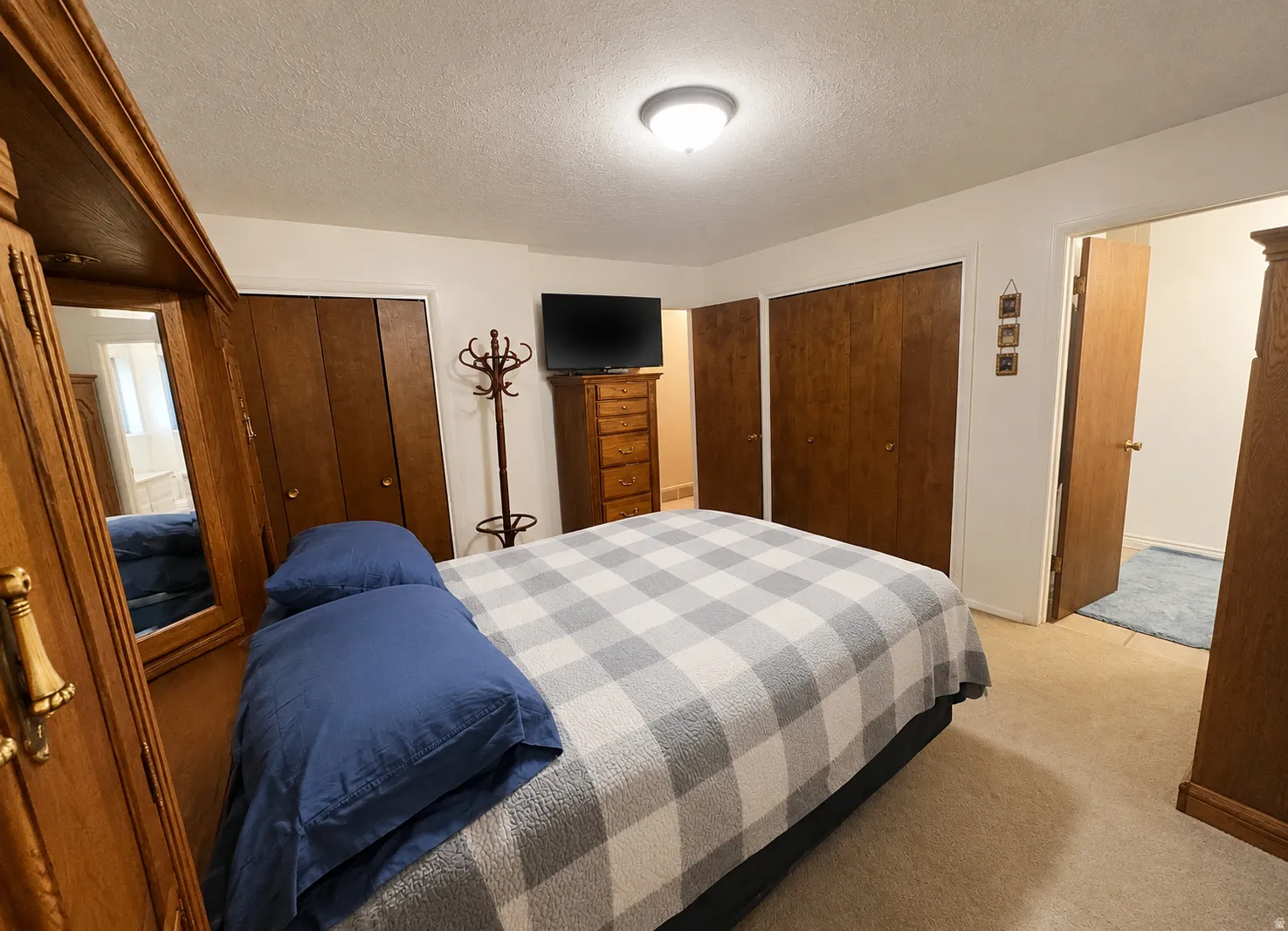 Room featuring twin bi-fold wood doors, neutral carpeting, and a flush-mount ceiling light fixture