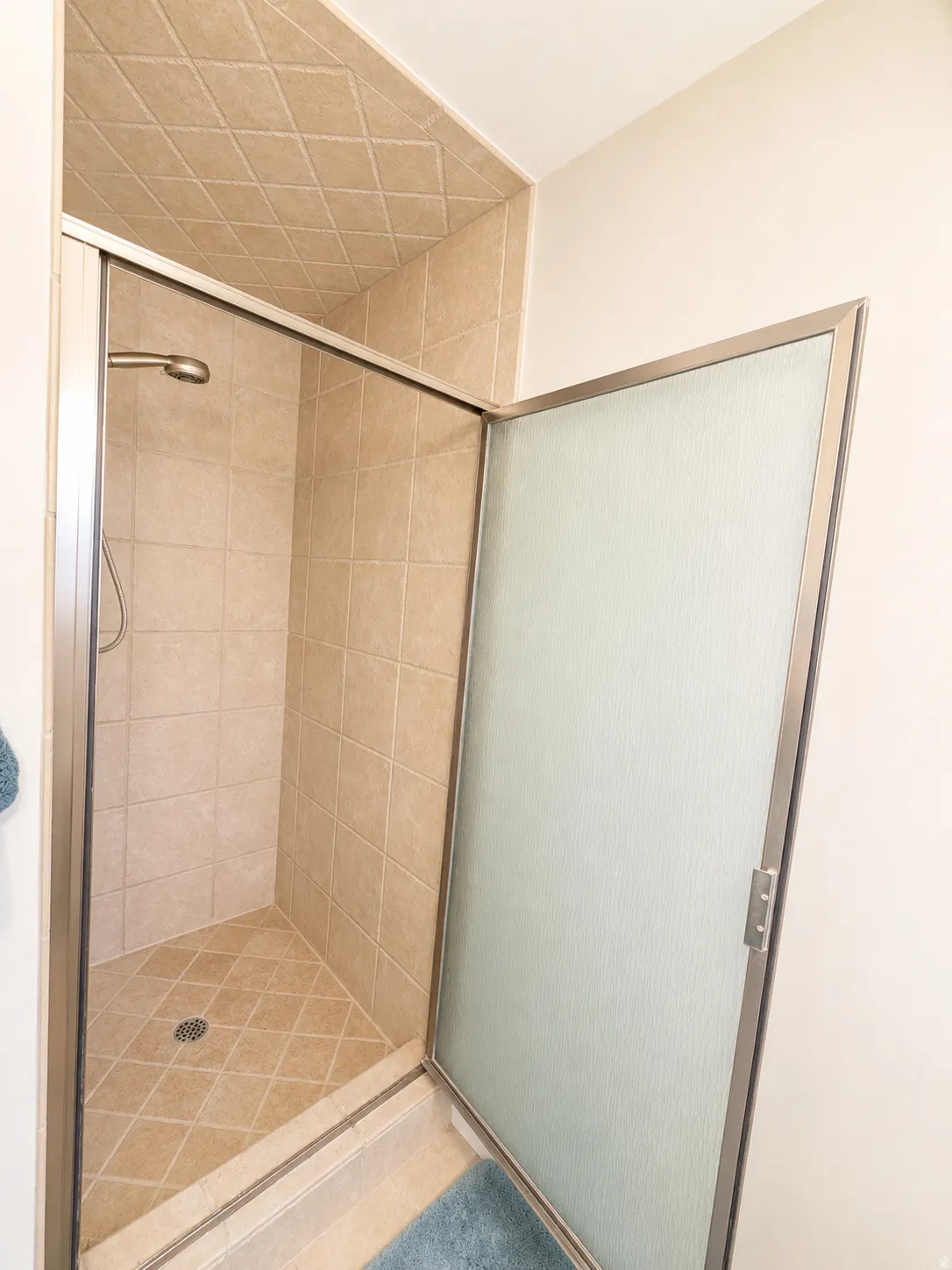 Tiled shower enclosure featuring a bronze-finish shower head and a textured glass door with brushed metal framing