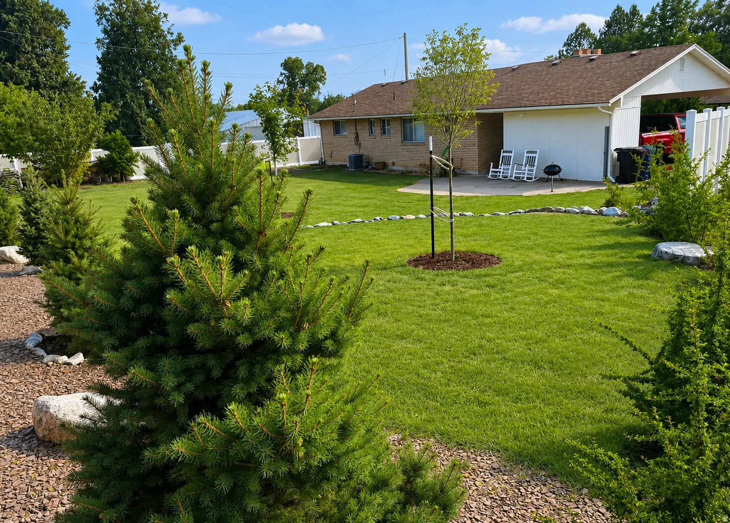 Expansive green lawn with established landscaping, including evergreen shrubs and a young tree