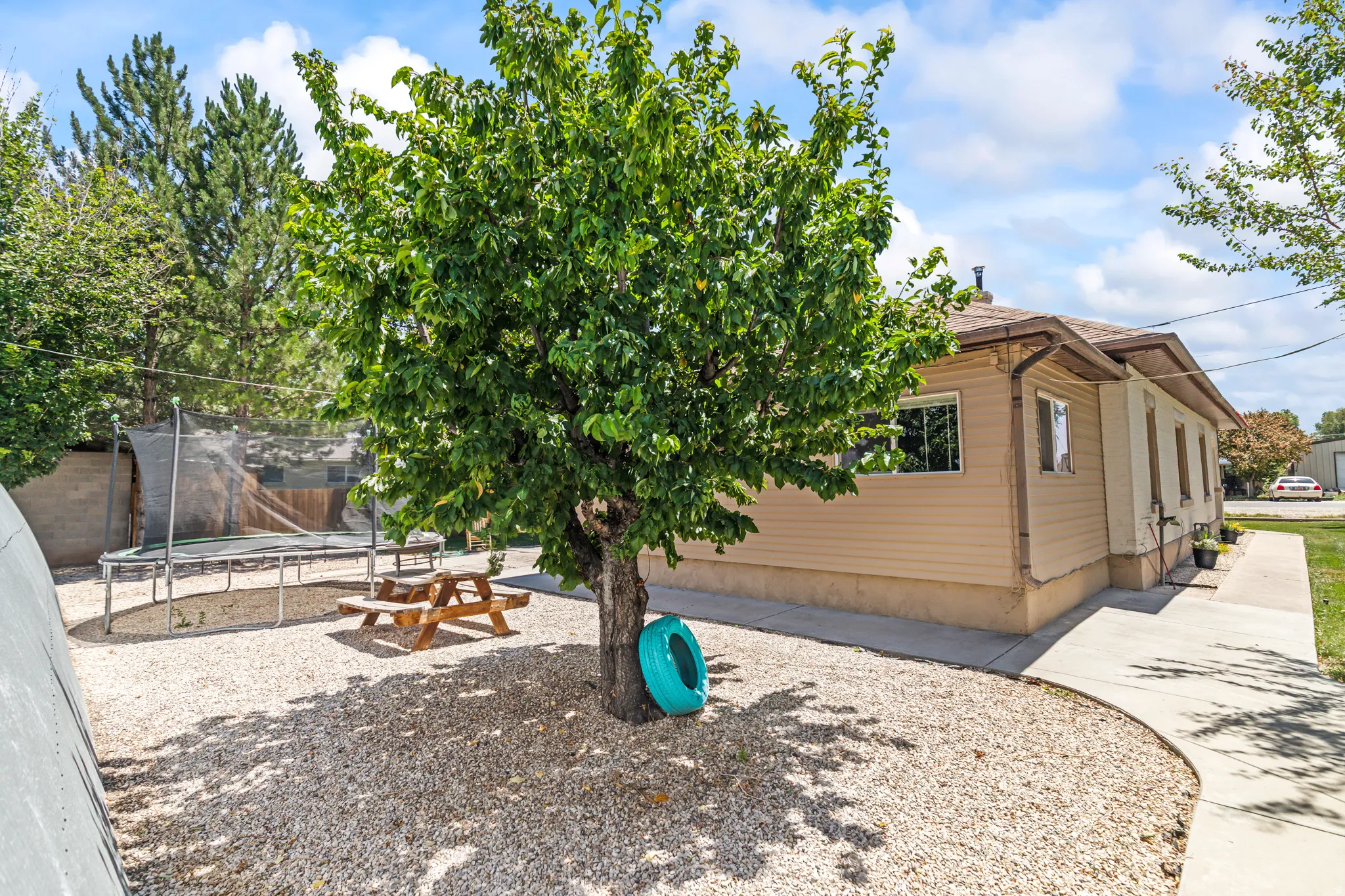 Landscaped yard featuring a mature tree, gravel ground cover, and a curved concrete pathway leading to the home's exterior with siding and windows