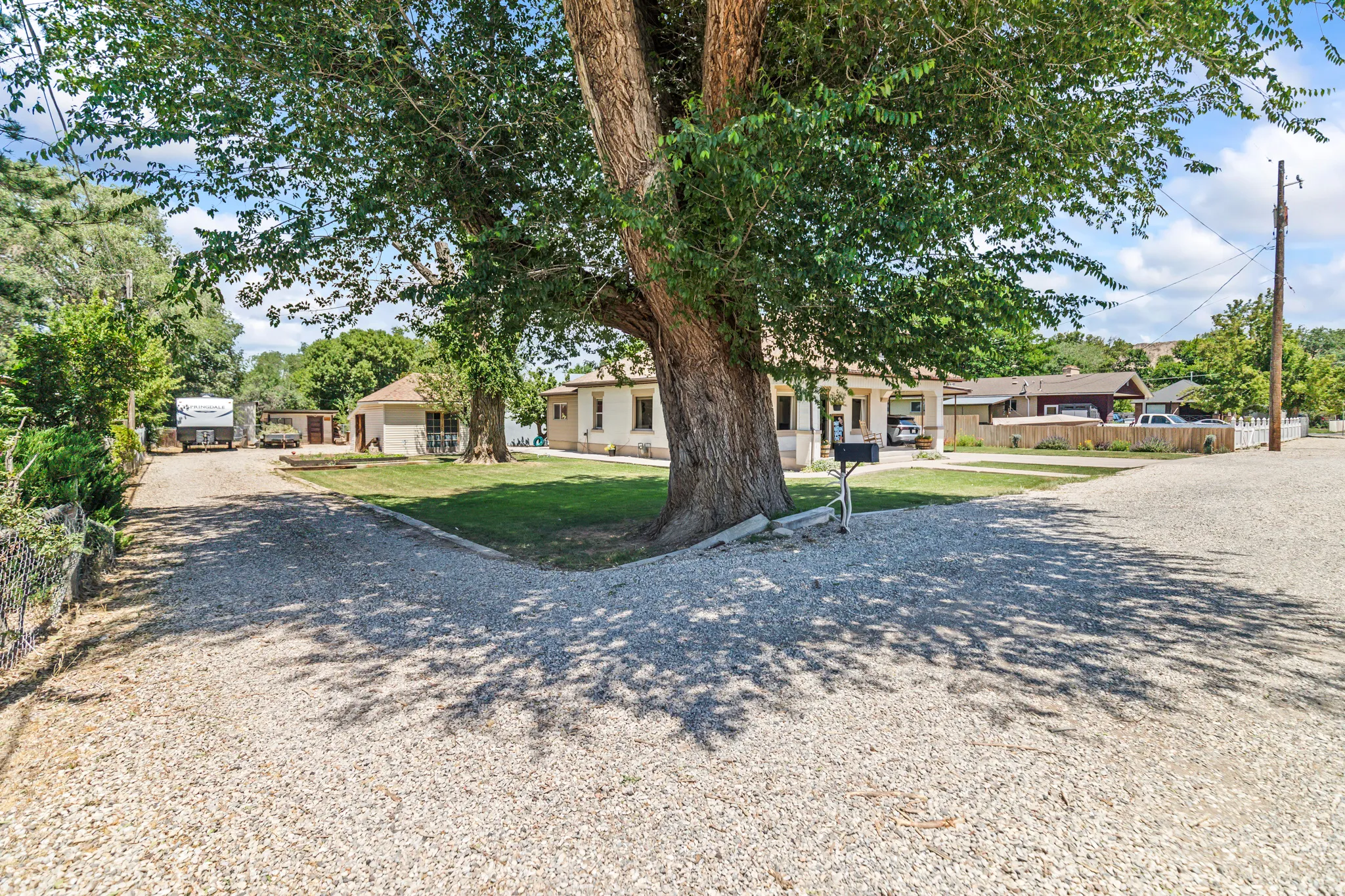 Gravel driveway with split access, mature shade trees, and a manicured lawn