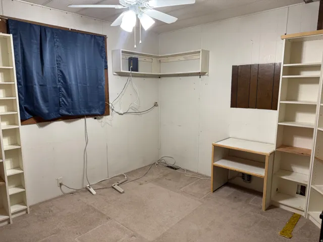 Interior space featuring wall-to-wall carpeting, a ceiling fan, and built-in shelving units