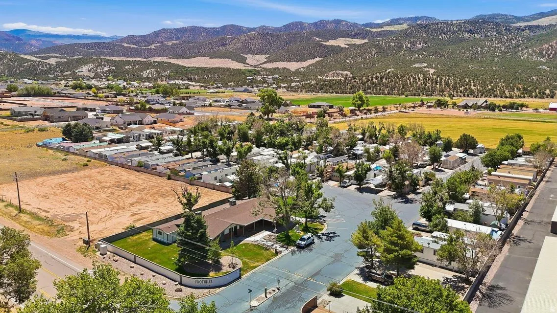 Aerial perspective showcasing a residential area with varied housing types