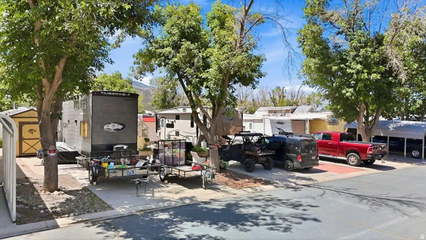 Paved parking area with mature trees providing shade