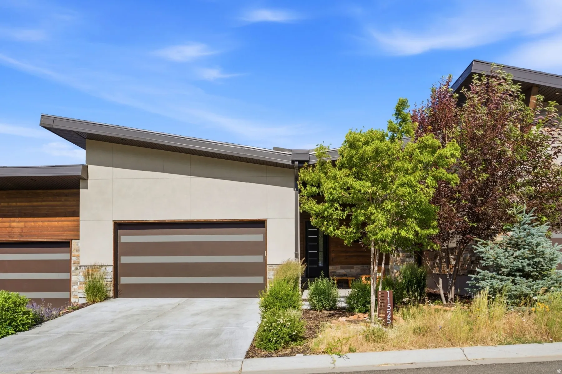 Modern architectural exterior featuring a sloped roofline, stucco siding, and horizontal wood-finish accents
