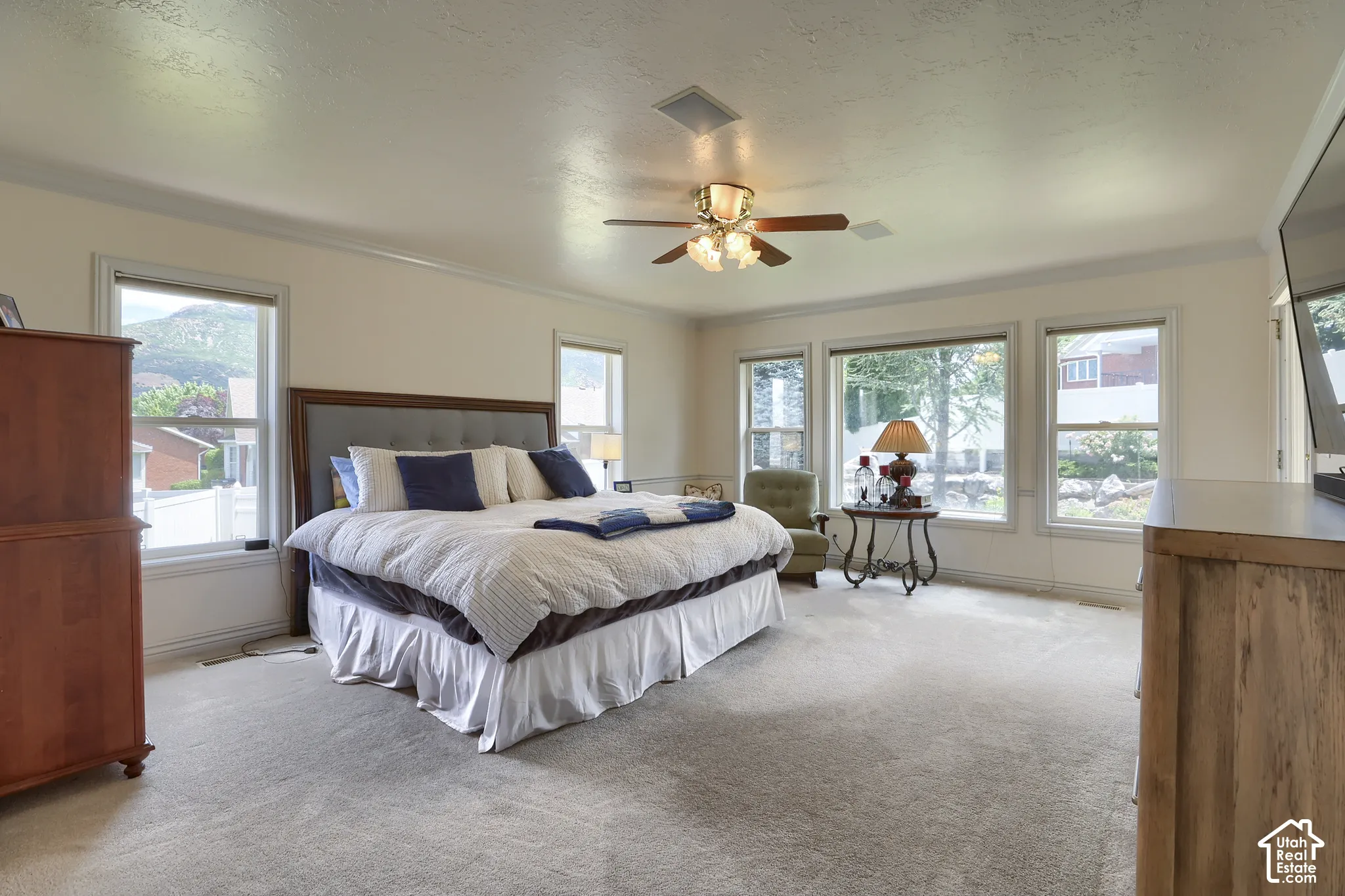 Spacious room featuring neutral carpet flooring, multiple windows, a ceiling fan with integrated lighting, and crown molding