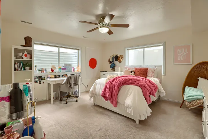 Carpeted room featuring a ceiling fan, dual windows, and built-in shelving