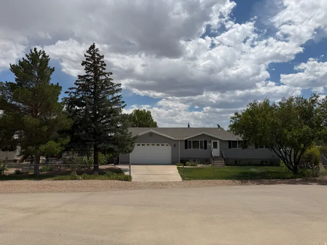 Ranch-style exterior with gray siding, a white garage door, and a concrete driveway