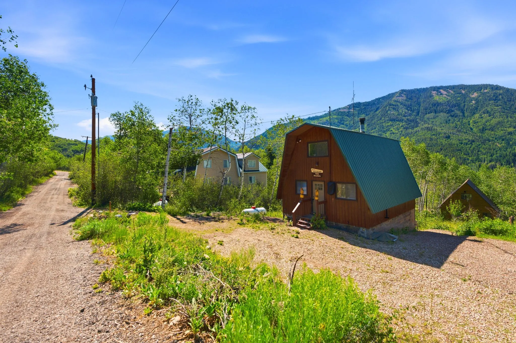 Gabled cabin-style structure featuring a metal roof, wood siding, and an elevated entrance with wood steps