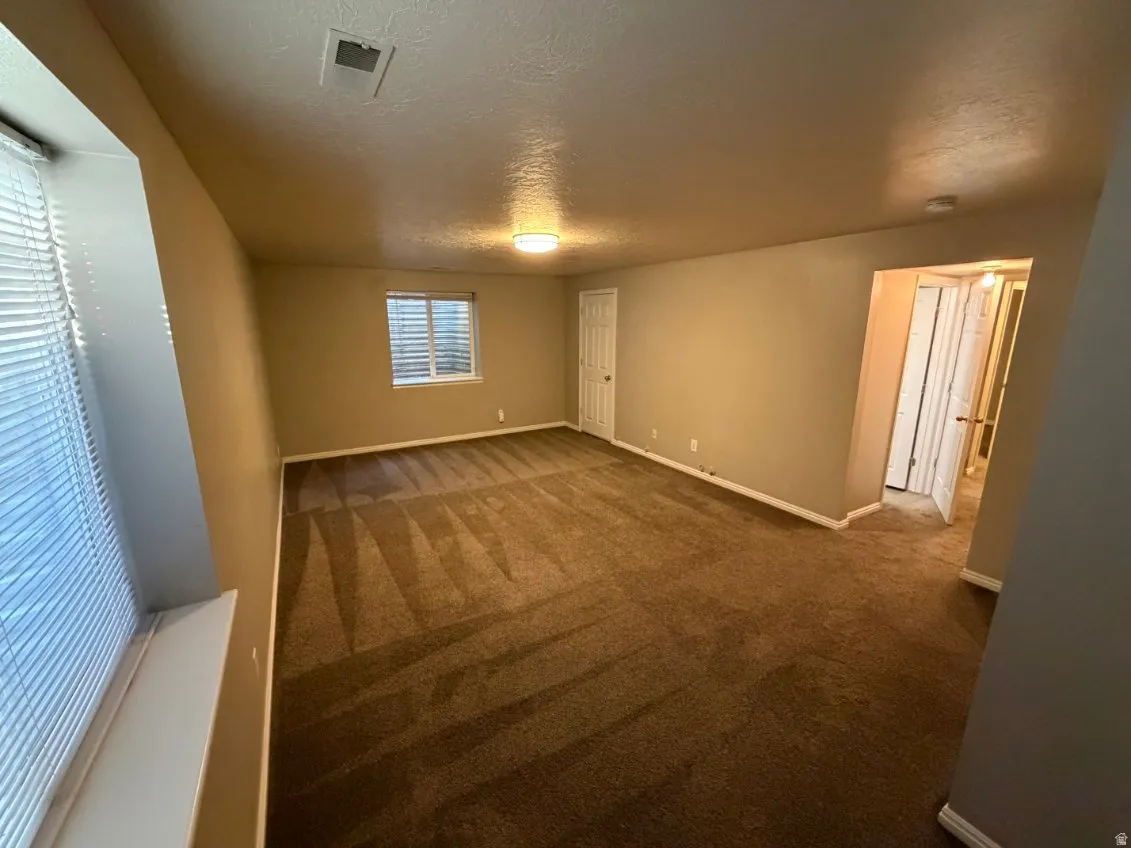 Spacious room featuring neutral carpeting, a single window with horizontal blinds, and a built-in ceiling light fixture