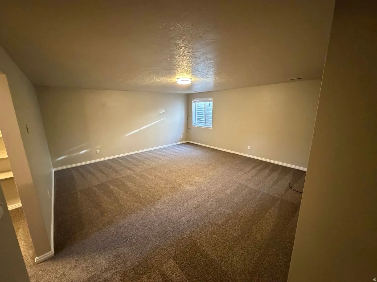 Spacious room with plush carpeting, neutral wall tones, and recessed window with horizontal blinds
