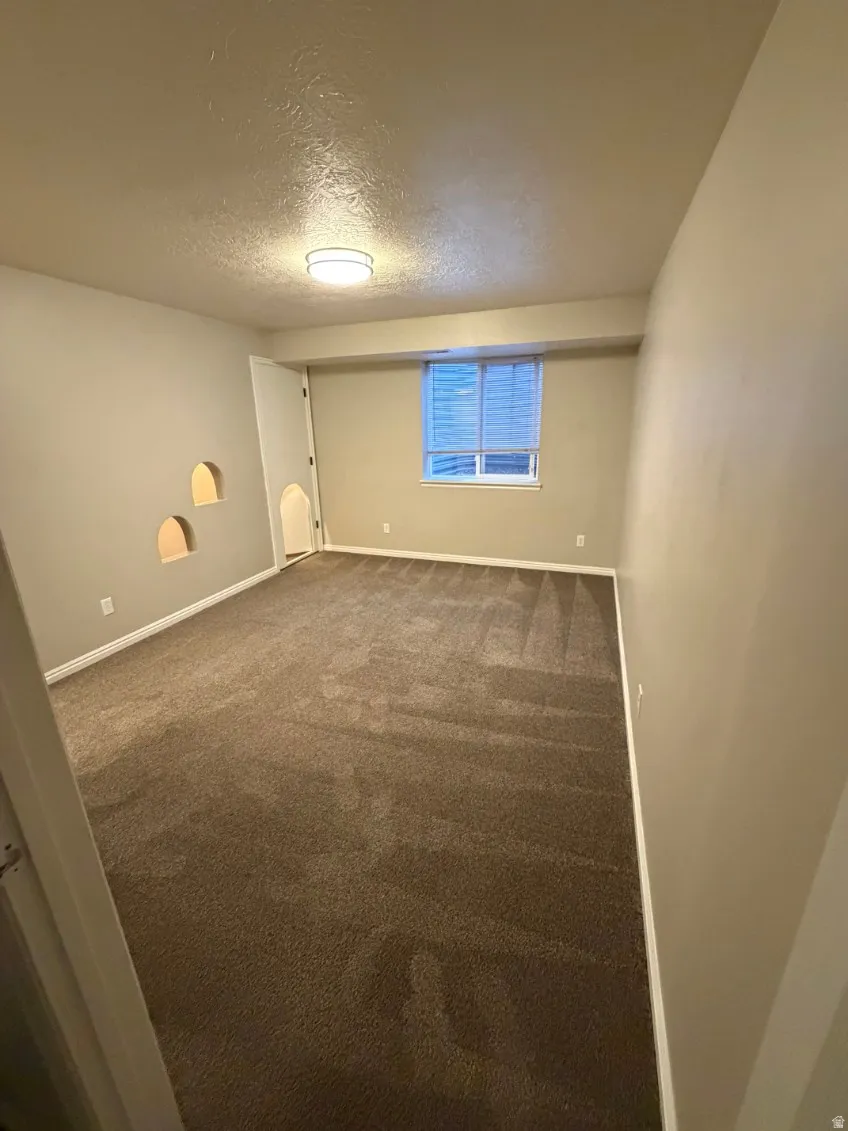 Carpeted room featuring a single window with blinds, three wall niches, and a flush-mount ceiling light fixture