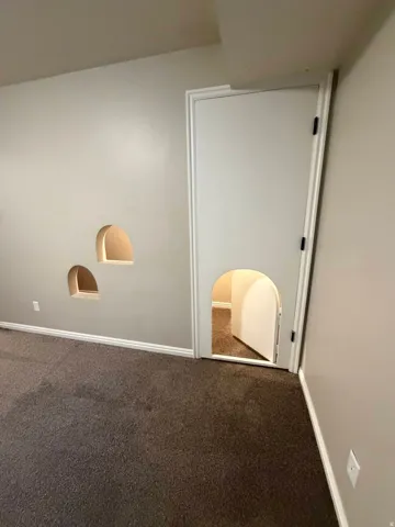 Neutral wall paint, two arched wall niches with interior lighting, a full-height interior door, an arched opening within the door, and dark carpet flooring