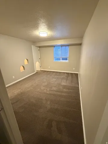 Carpeted room featuring a single window with blinds, three wall niches, and a flush-mount ceiling light fixture