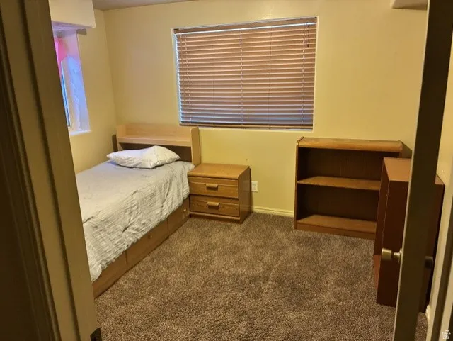 Bedroom featuring neutral-toned walls, textured carpeting, and a window with horizontal blinds