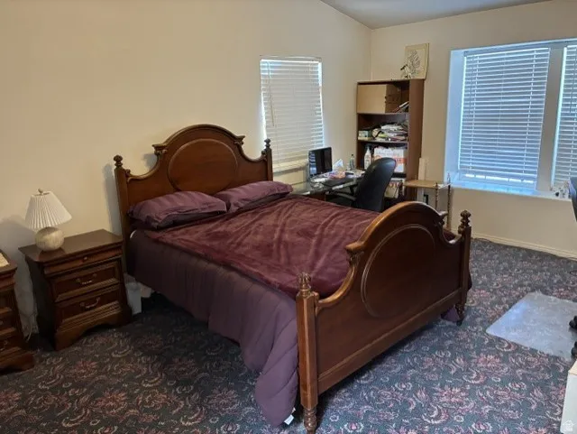 Spacious room featuring multiple windows with blinds, a vaulted ceiling, and patterned carpet flooring