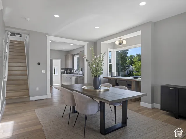 Home 1/2 -- 1046 S Lincoln Street - -Dining area featuring wood-finish flooring, recessed lighting, and a broad window with exterior scenery
