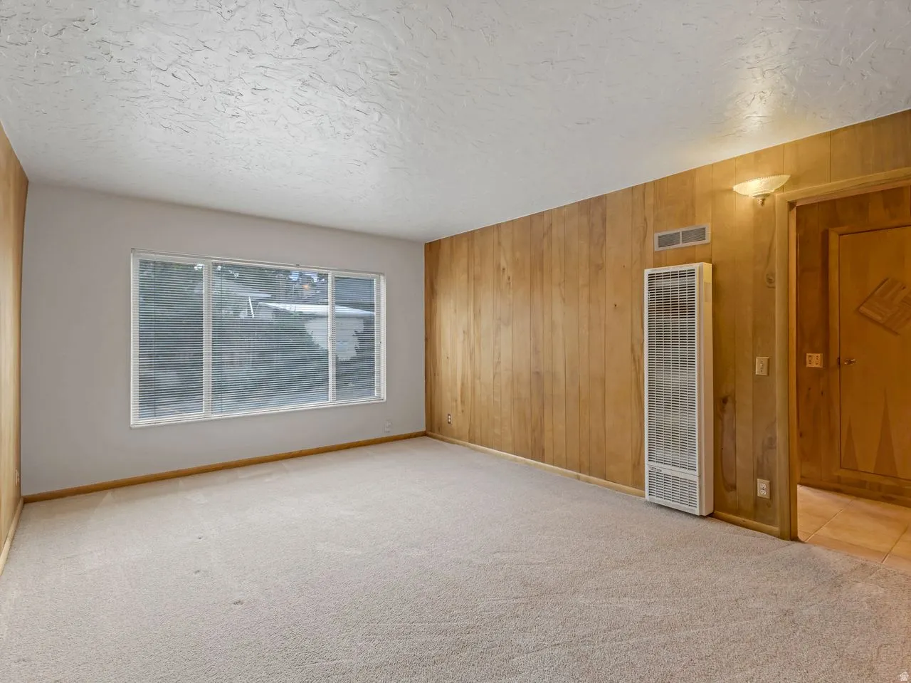 Spacious room featuring light-colored carpet flooring, a large multi-pane window, and a wood panel accent wall