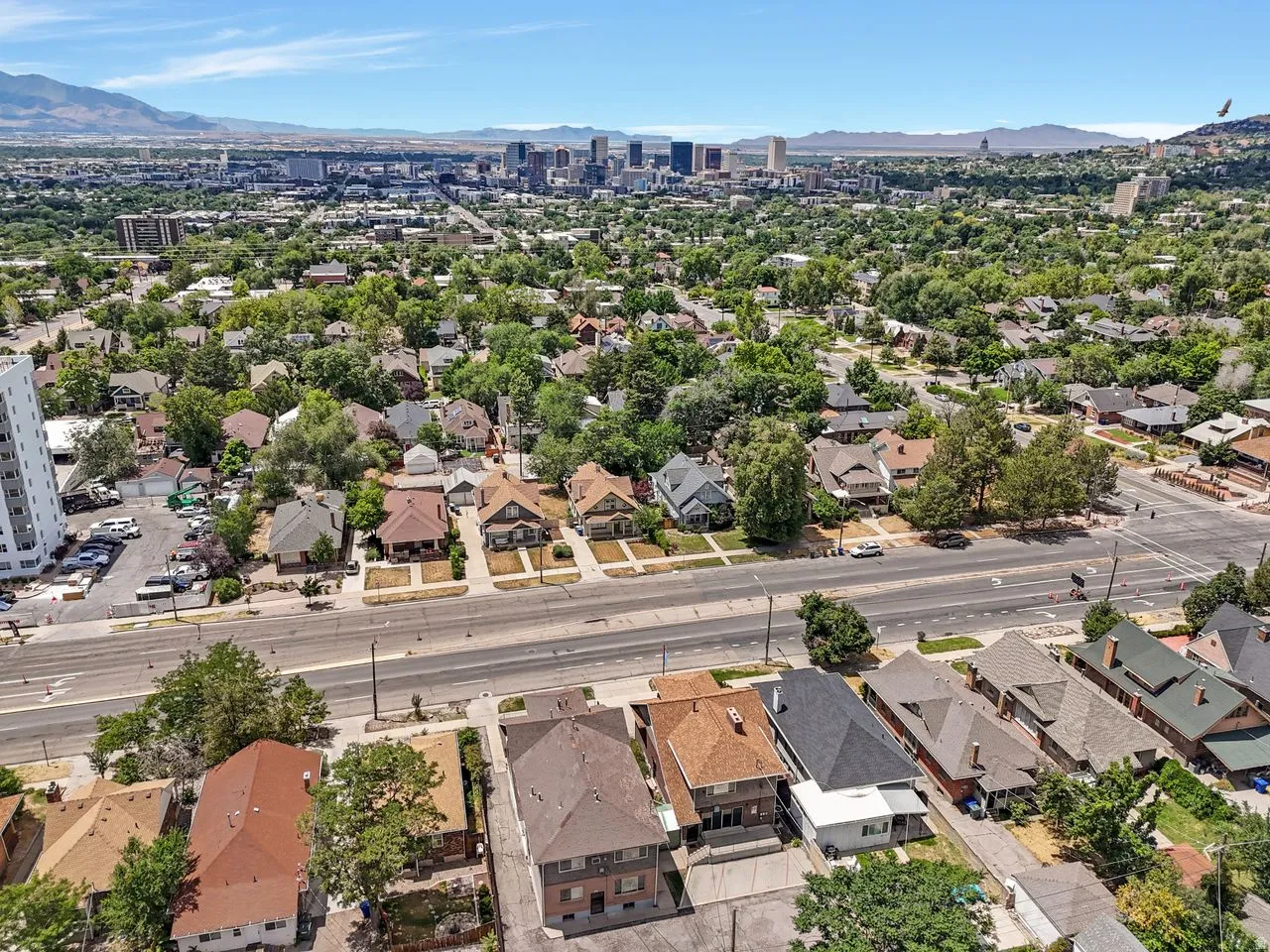 Urban landscape featuring varied architectural styles, mature tree canopy, and distant metropolitan skyline