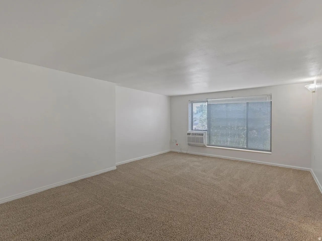 Spacious room featuring neutral carpeting, white walls, a large window with horizontal blinds, and a built-in air conditioning unit
