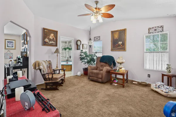 Carpeted living area featuring vaulted ceilings, a ceiling fan with light fixture, and two windows with valances
