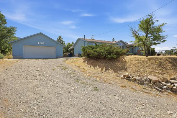 Detached blue garage with white garage door, gravel driveway, and surrounding natural landscaping