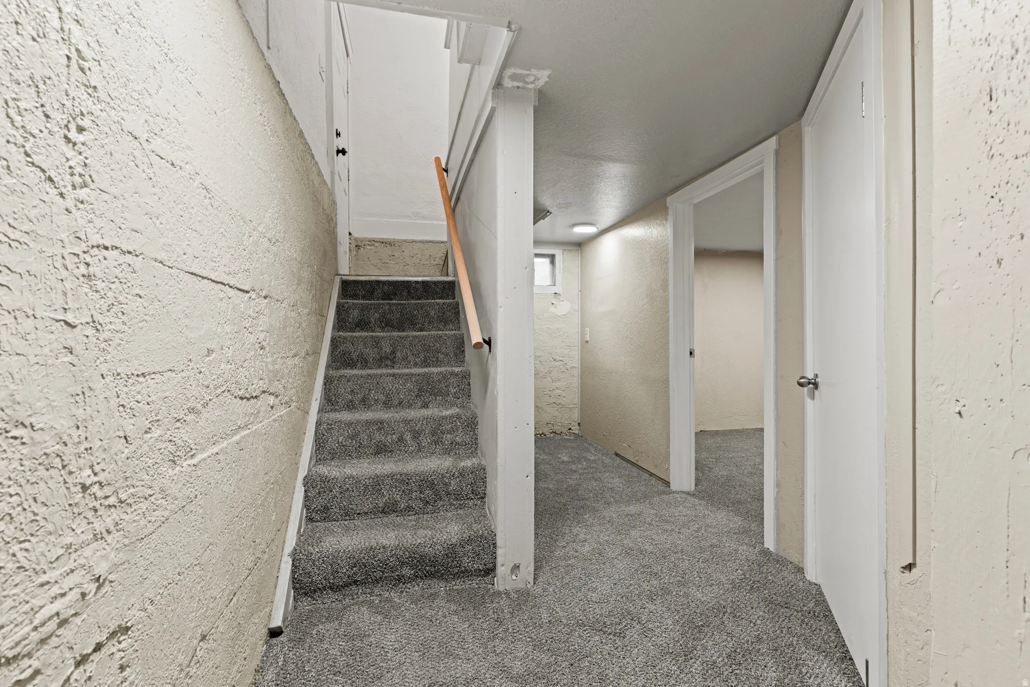 Carpeted staircase with a wood-finish handrail, leading to a textured wall