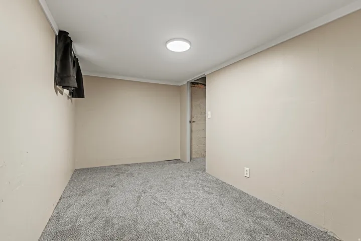 Neutral-toned interior room featuring light gray carpeting and white crown molding