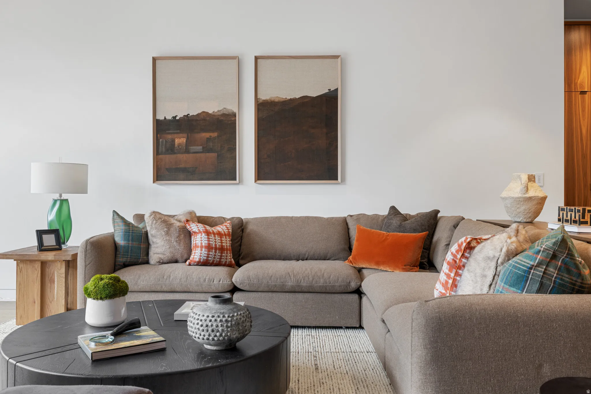 Spacious living area featuring light-toned walls, a textured area rug, and wood-finish built-in cabinetry
