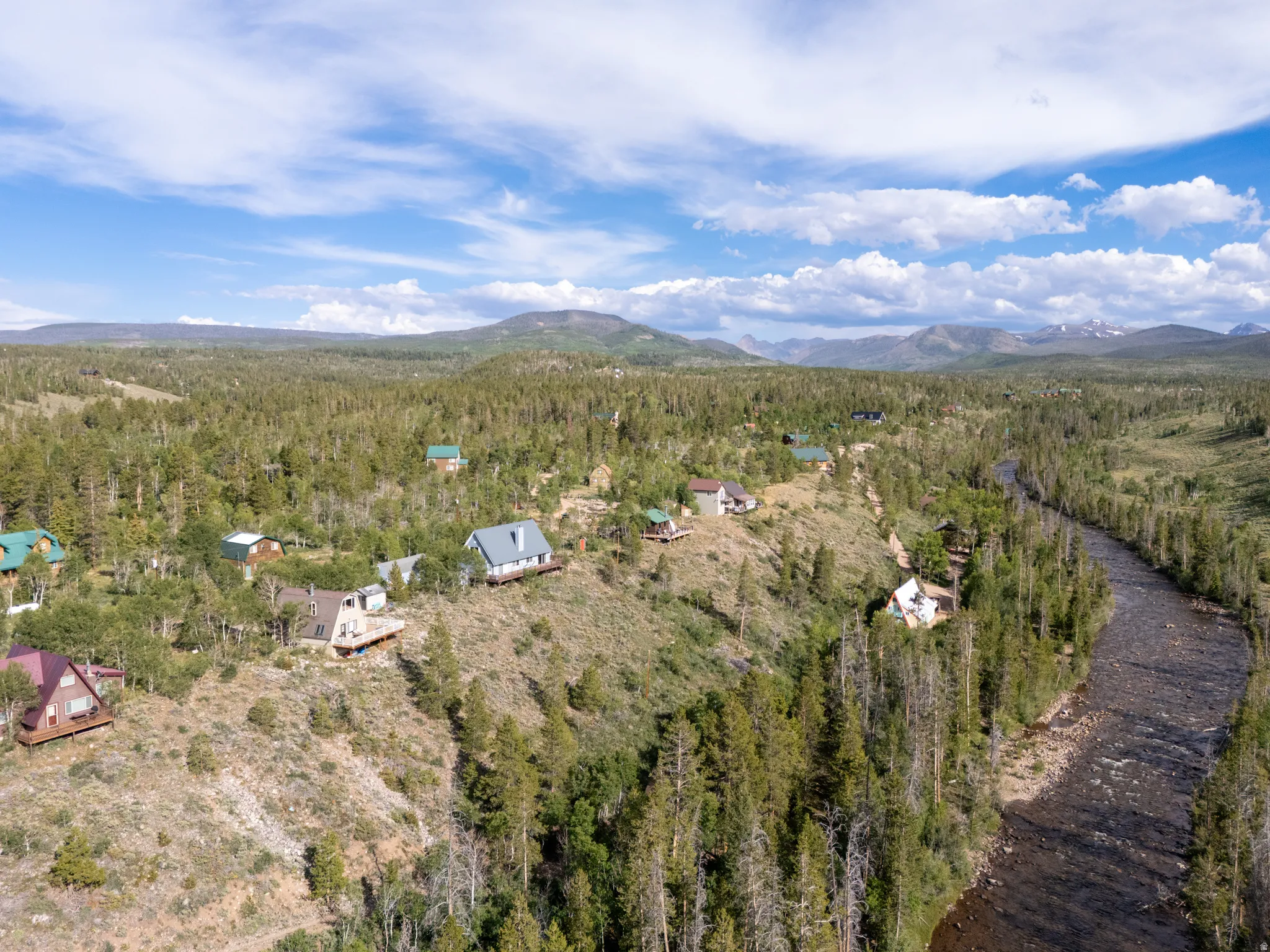 Aerial perspective showcasing a natural river, extensive forested landscape, scattered residential structures, and distant mountains under a blue sky