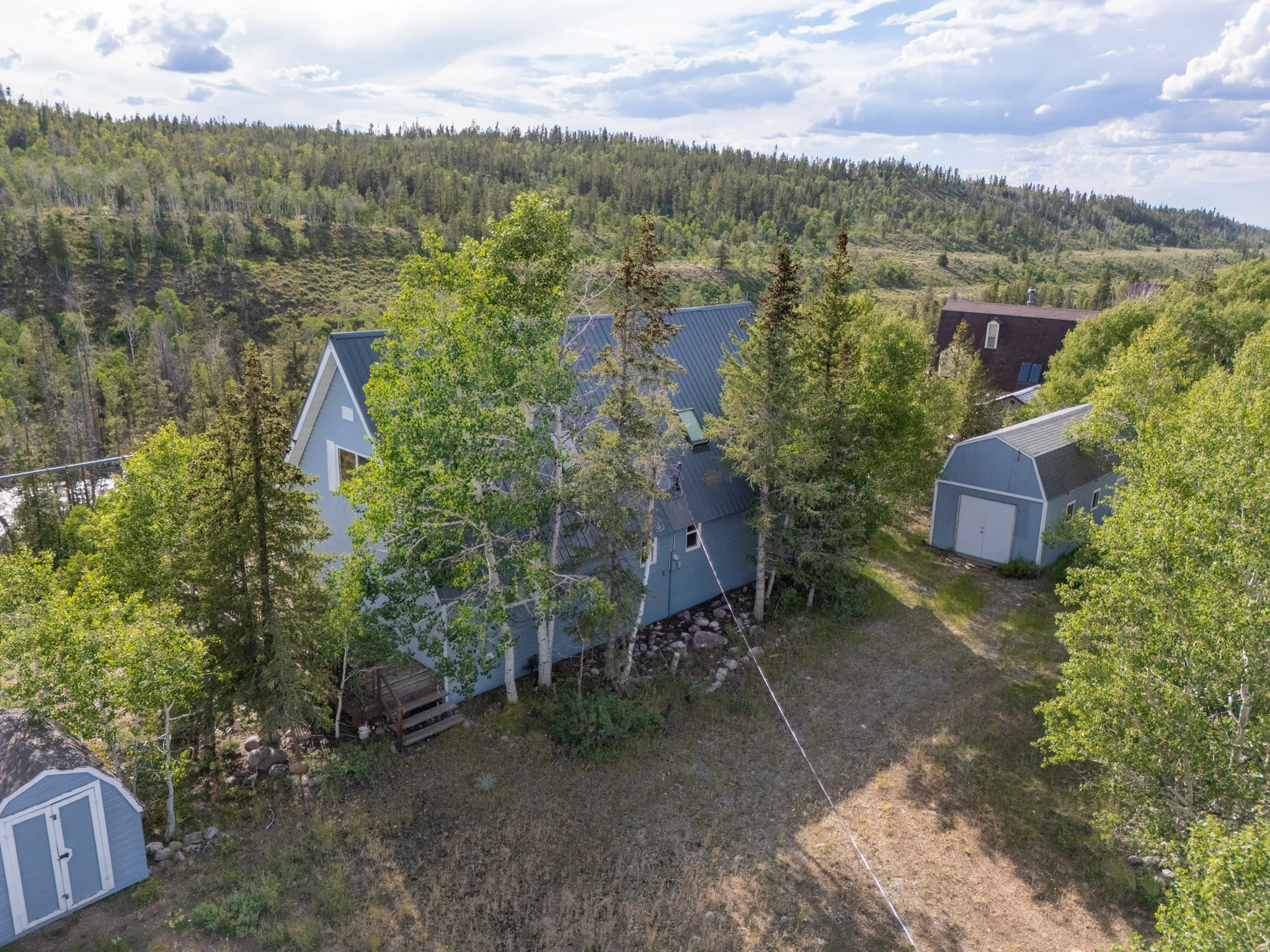 Light blue siding residence featuring a metal roof, multiple mature trees, a detached two-car garage, and an additional storage shed