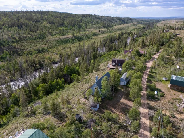 Expansive property featuring a winding river, mature evergreen trees, and a gravel road