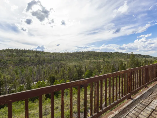 Rustic wood-finish deck with slatted railing overlooking a forested landscape