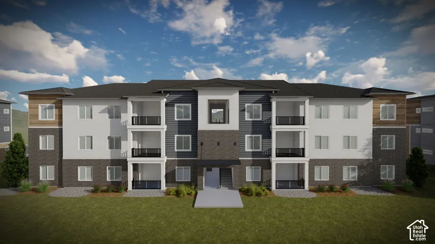 Multi-story residential building featuring a multi-textured facade with brick, siding, and wood-look accents