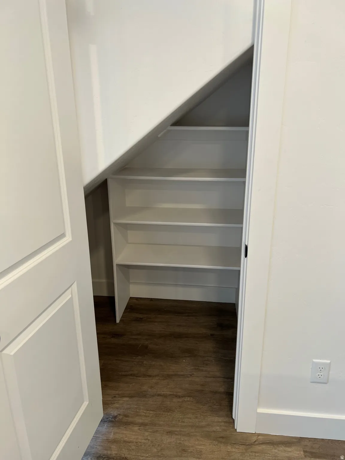 Under-stair storage area featuring multiple built-in white shelves and wood-finish flooring