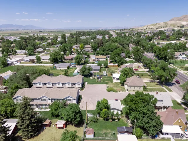 Aerial perspective showcasing a residential area with mature trees and a distant mountain range