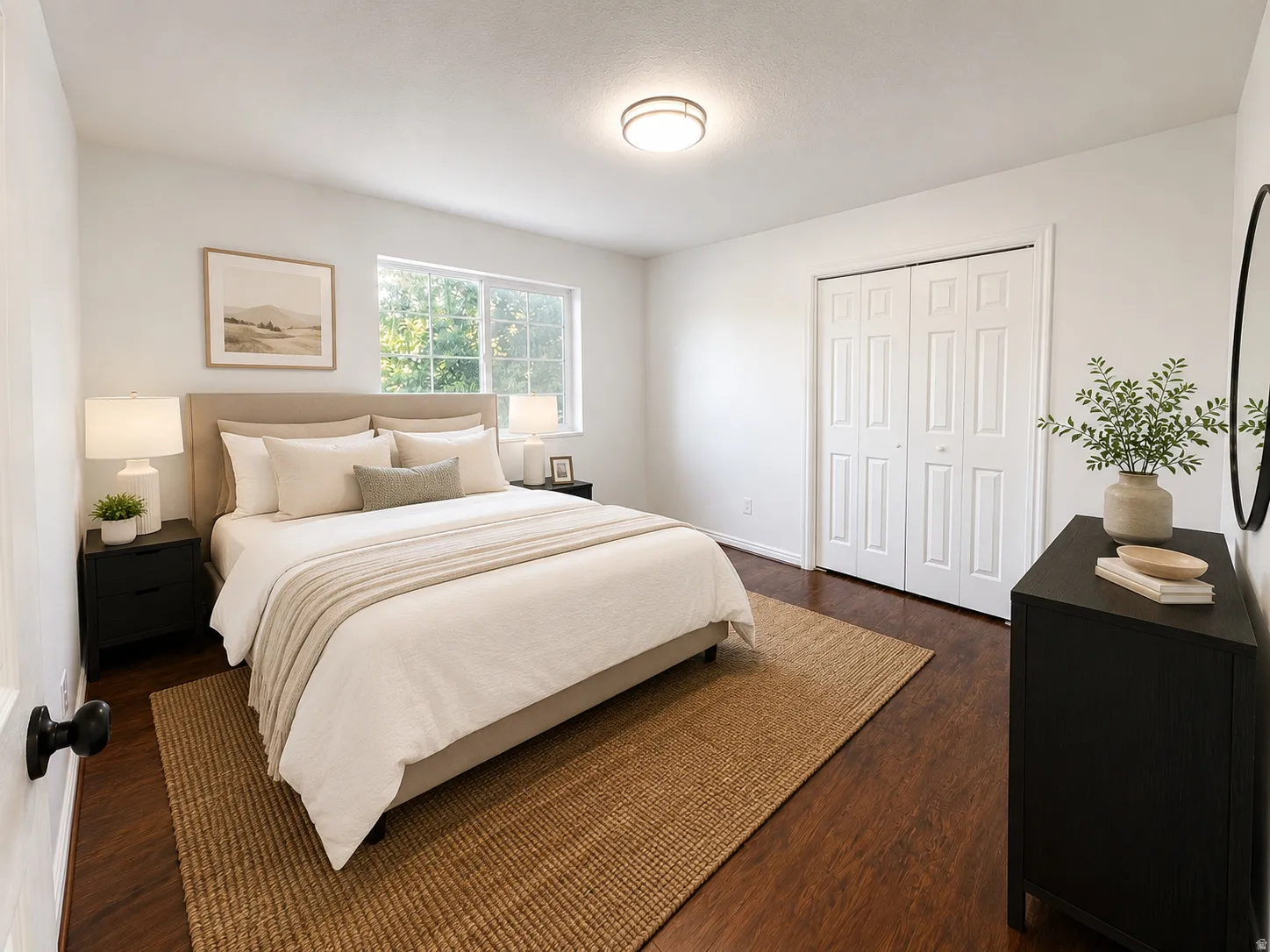 Spacious room featuring rich wood-finish flooring, a large window, and white walls
