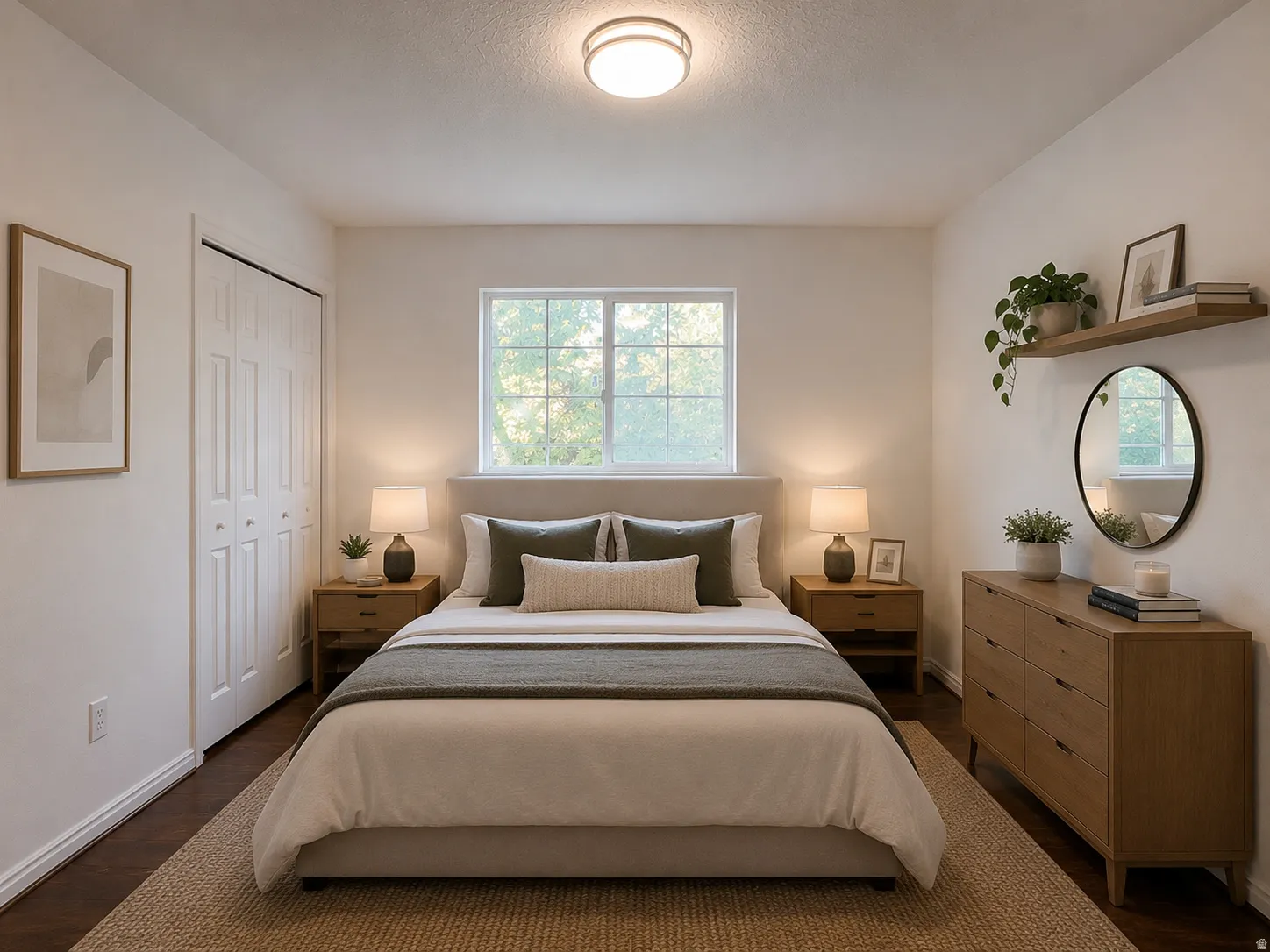 Well-lit interior featuring a window with natural light, dark wood-finish flooring, and a flush mount ceiling light