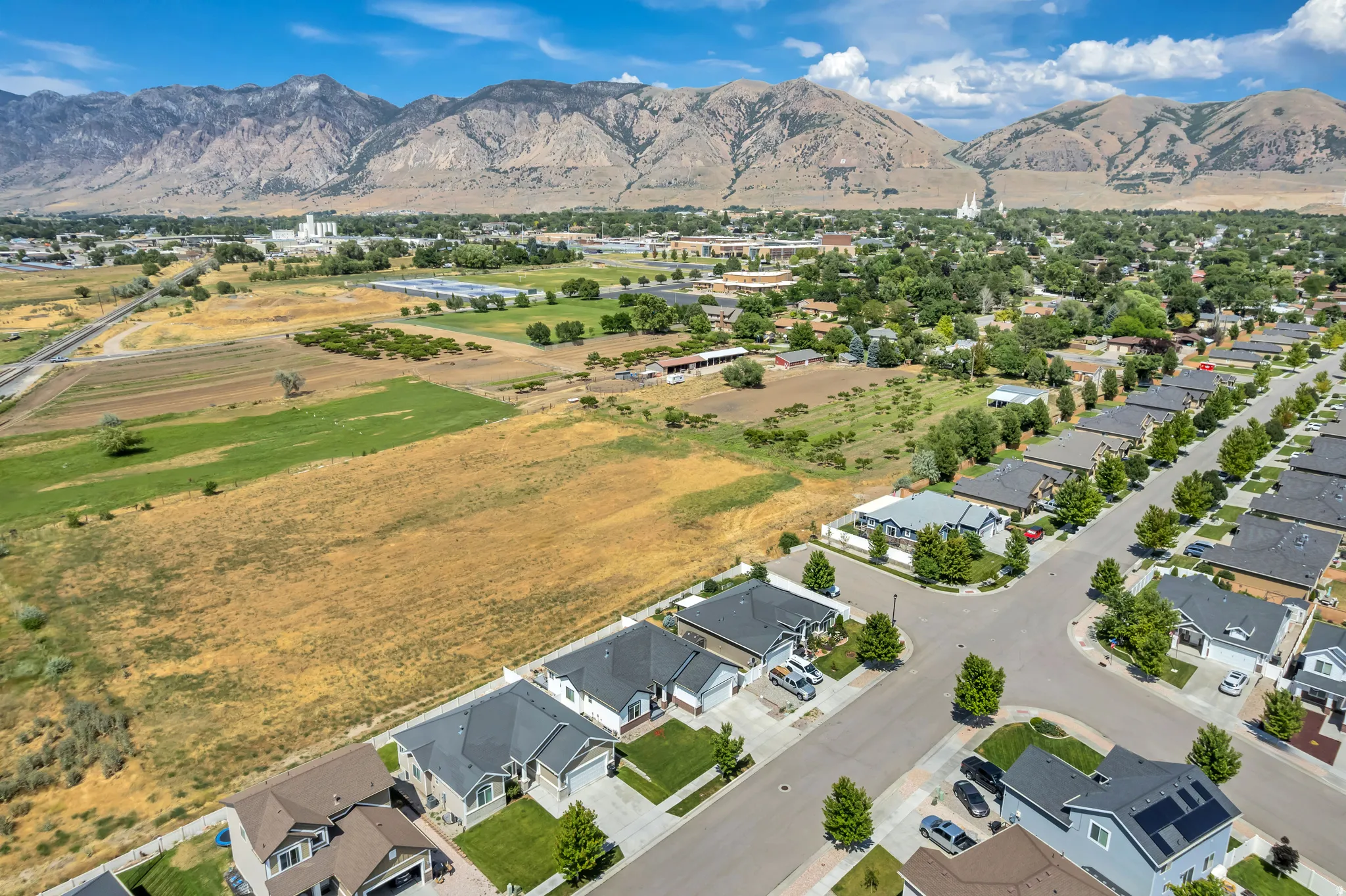 Expansive aerial capturing a residential community with contemporary homes, mature street trees, and a mountain backdrop