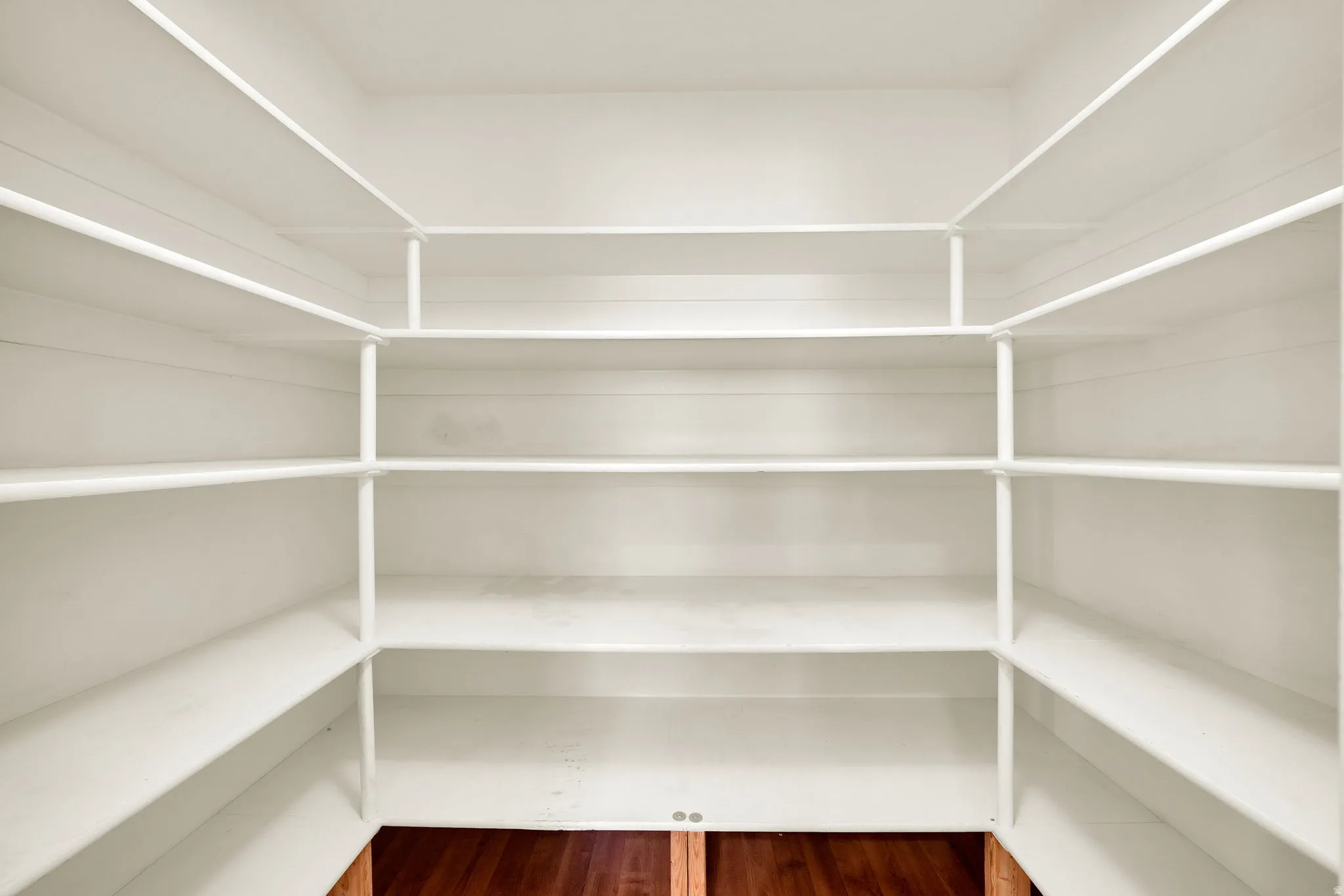 Walk-in pantry featuring extensive shelving, white finishes, and wood-finish flooring