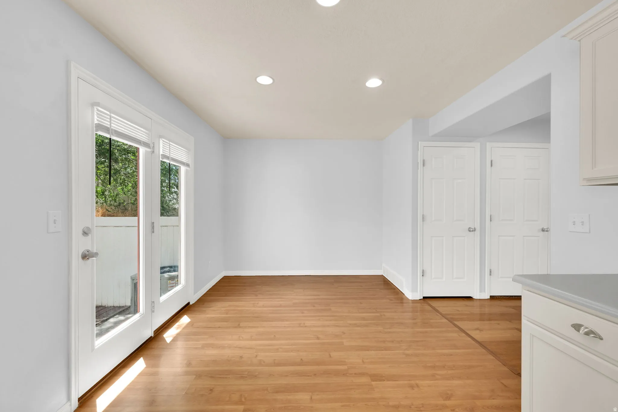 Wood-finish flooring throughout, featuring a double glass panel door, recessed ceiling lighting, and crisp white walls